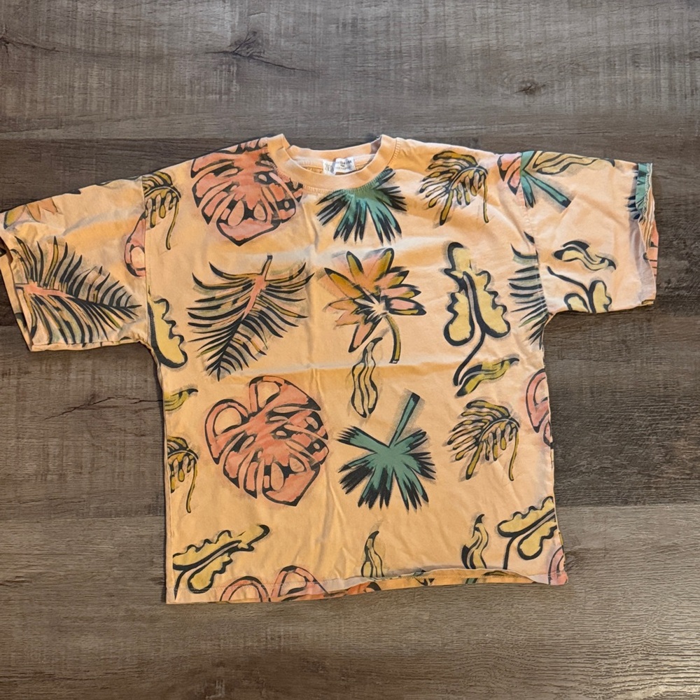 Zara Peach Tee with Teal and Coral Leaf Print